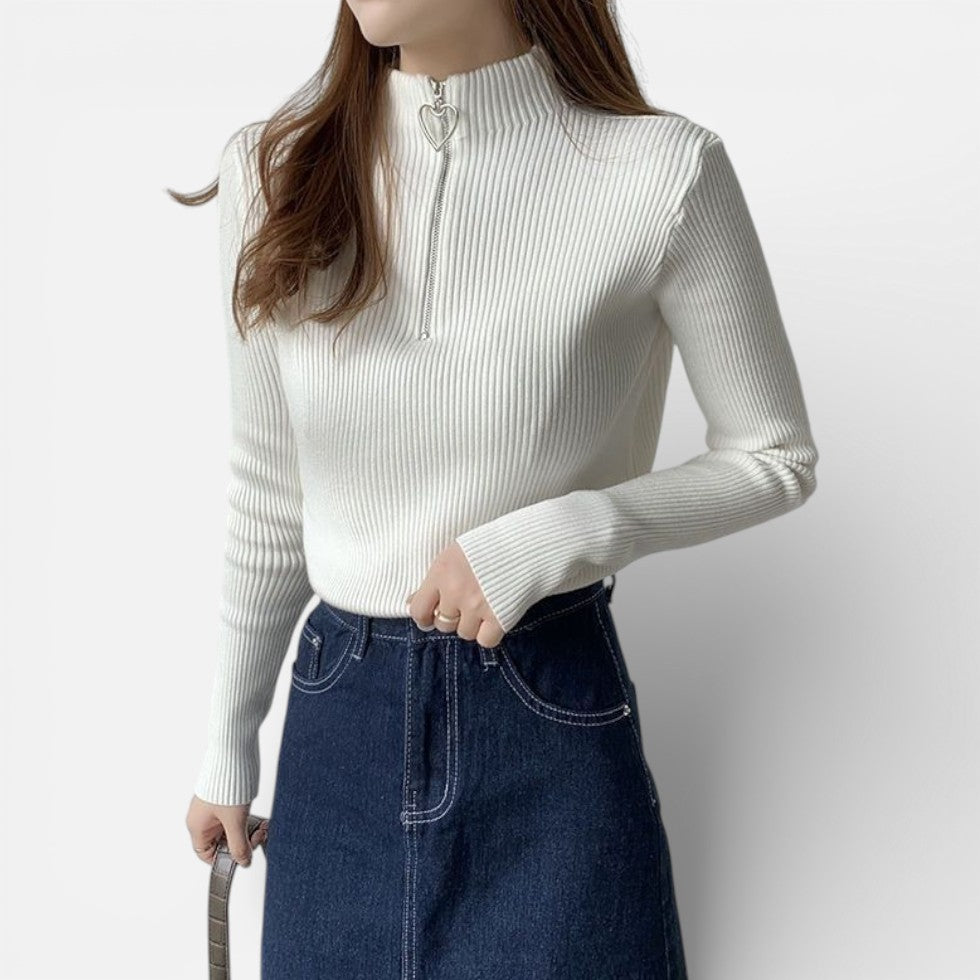 Damen Strickpullover mit Stehkragen und Herzförmiger Reissverschluss