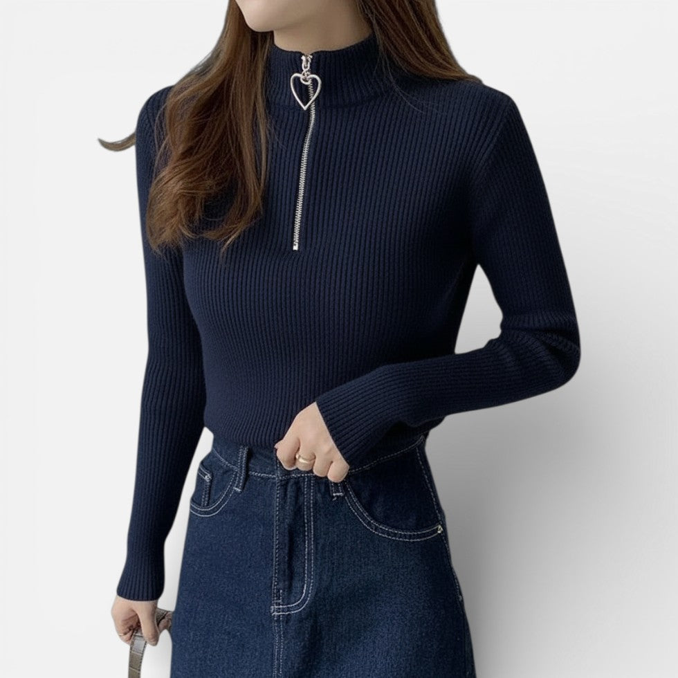 Damen Strickpullover mit Stehkragen und Herzförmiger Reissverschluss