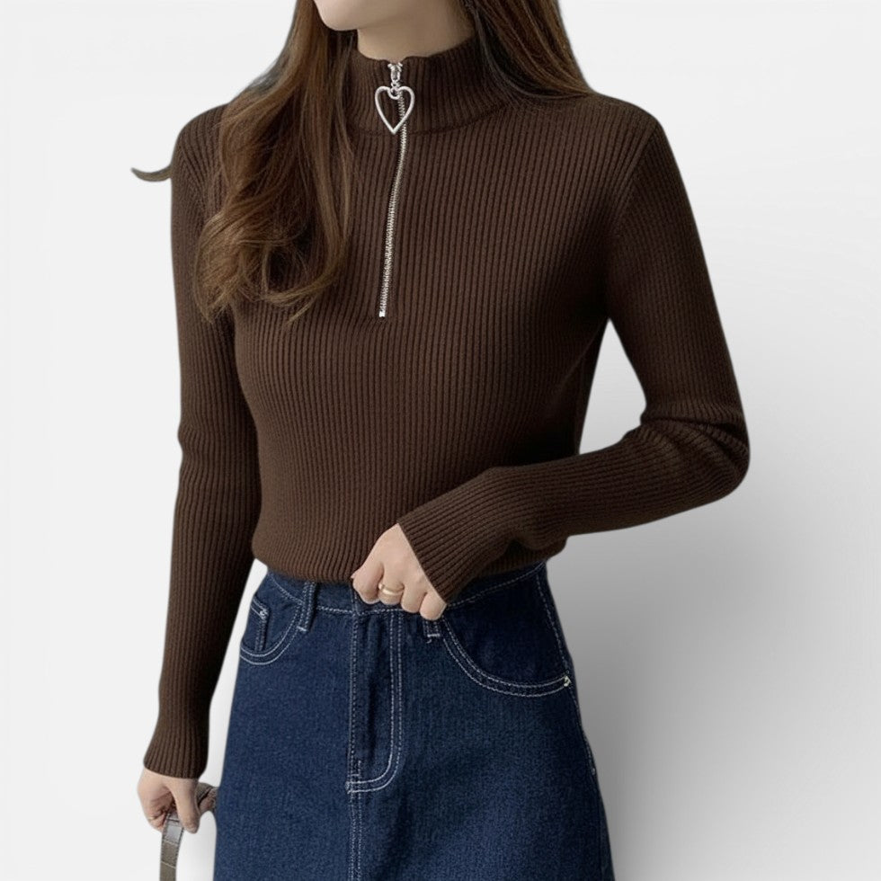 Damen Strickpullover mit Stehkragen und Herzförmiger Reissverschluss