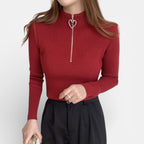 Damen Strickpullover mit Stehkragen und Herzförmiger Reissverschluss