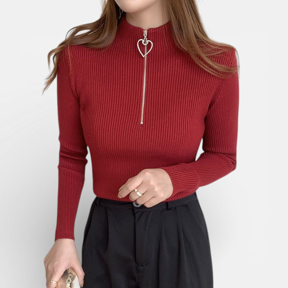 Damen Strickpullover mit Stehkragen und Herzförmiger Reissverschluss