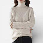 Kaschmir Damen Strickpullover mit Rollkragen und Zopfmuster