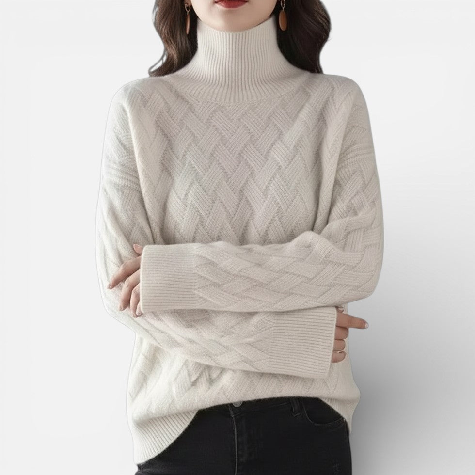 Kaschmir Damen Strickpullover mit Rollkragen und Zopfmuster
