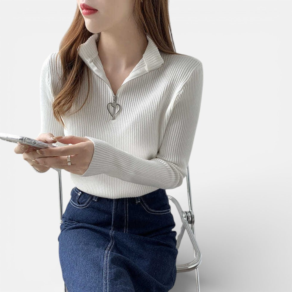 Damen Strickpullover mit Stehkragen und Herzförmiger Reissverschluss