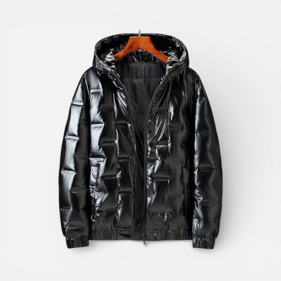 Men's quilted jacket with hood in metallic look