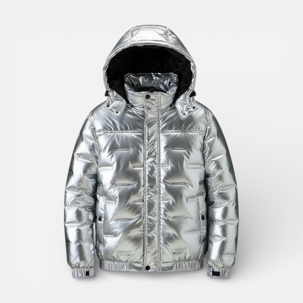 Men's quilted jacket with hood in metallic look