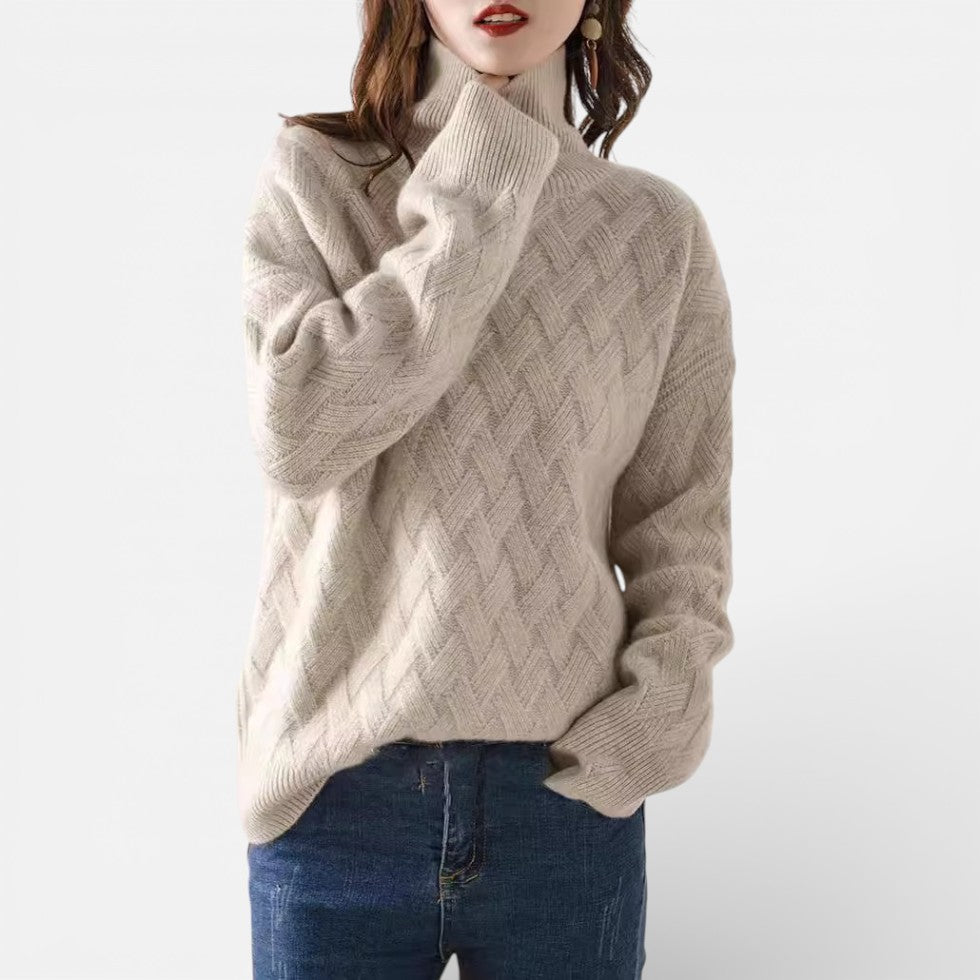 Kaschmir Damen Strickpullover mit Rollkragen und Zopfmuster