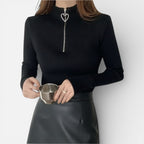 Damen Strickpullover mit Stehkragen und Herzförmiger Reissverschluss