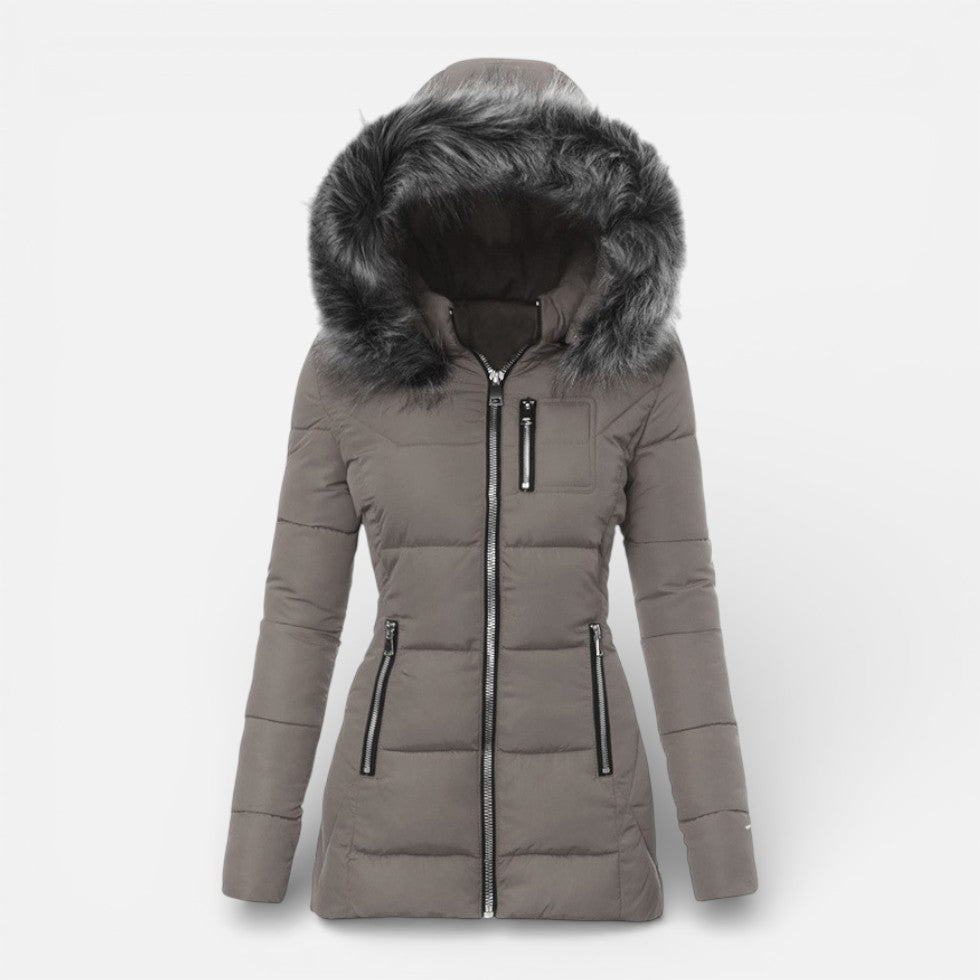 Damen Steppjacke mit Kapuze und Kunstfellkragen