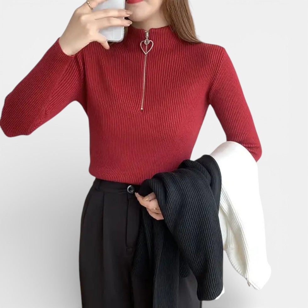 Damen Strickpullover mit Stehkragen und Herzförmiger Reissverschluss