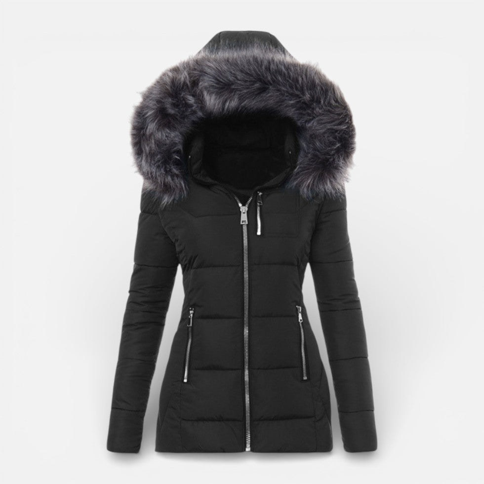 Damen Steppjacke mit Kapuze und Kunstfellkragen