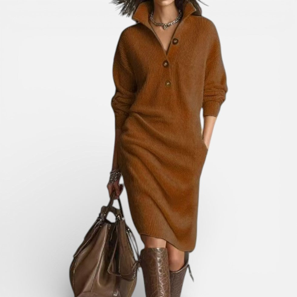 Damen Strick Midikleid mit Knopfleiste und Stehkragen