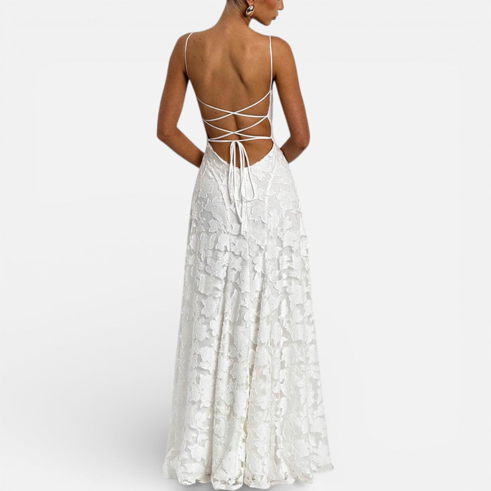 Damen Abendkleid lang aus Spitze mit Spaghettiträgern