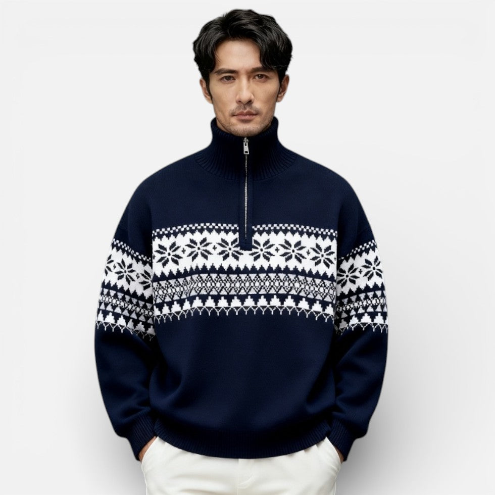 Herren Strickpullover mit Reissverschluss und Norwegermuster