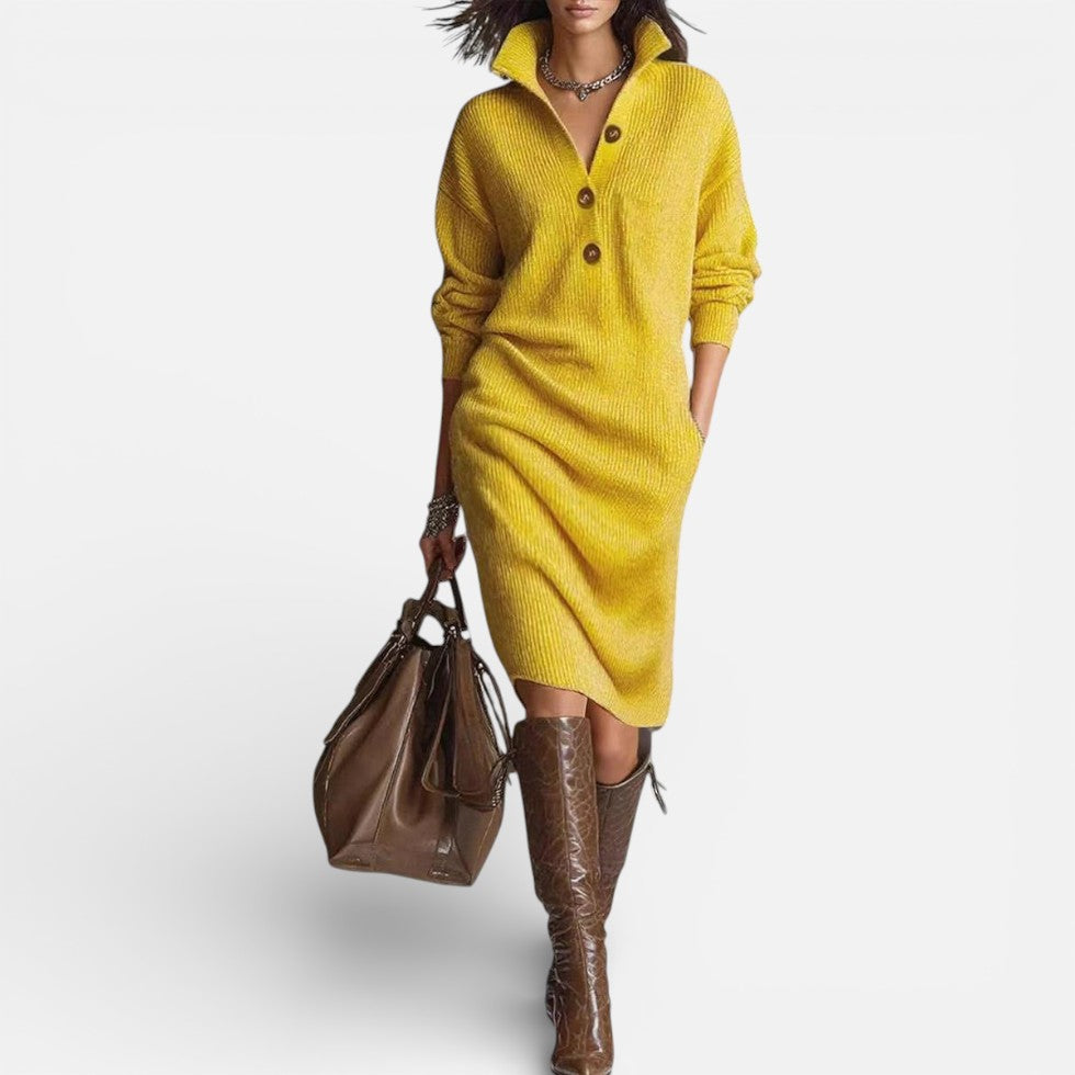 Damen Strick Midikleid mit Knopfleiste und Stehkragen