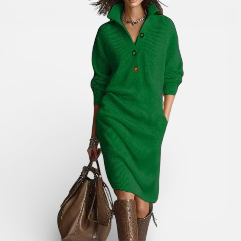 Damen Strick Midikleid mit Knopfleiste und Stehkragen