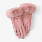 Damen Handschuhe in Wildlederoptik mit großem Fellbündchen – Touchscreen-Winterhandschuhe, Herbst Winter