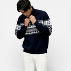 Herren Strickpullover mit Reissverschluss und Norwegermuster