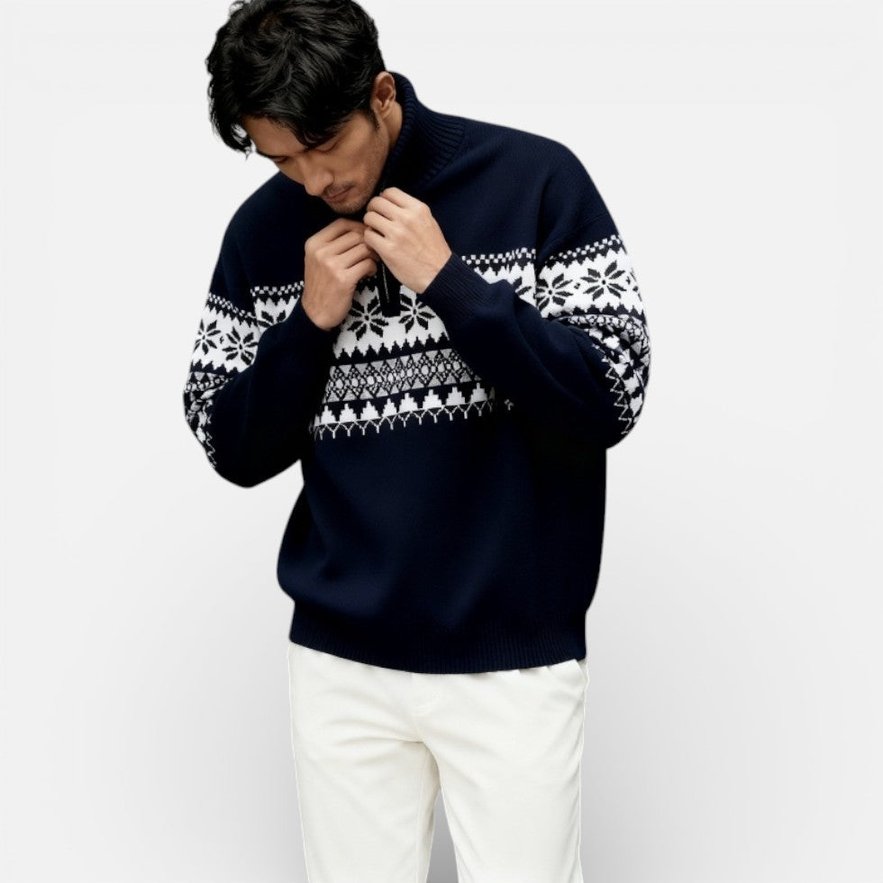 Herren Strickpullover mit Reissverschluss und Norwegermuster