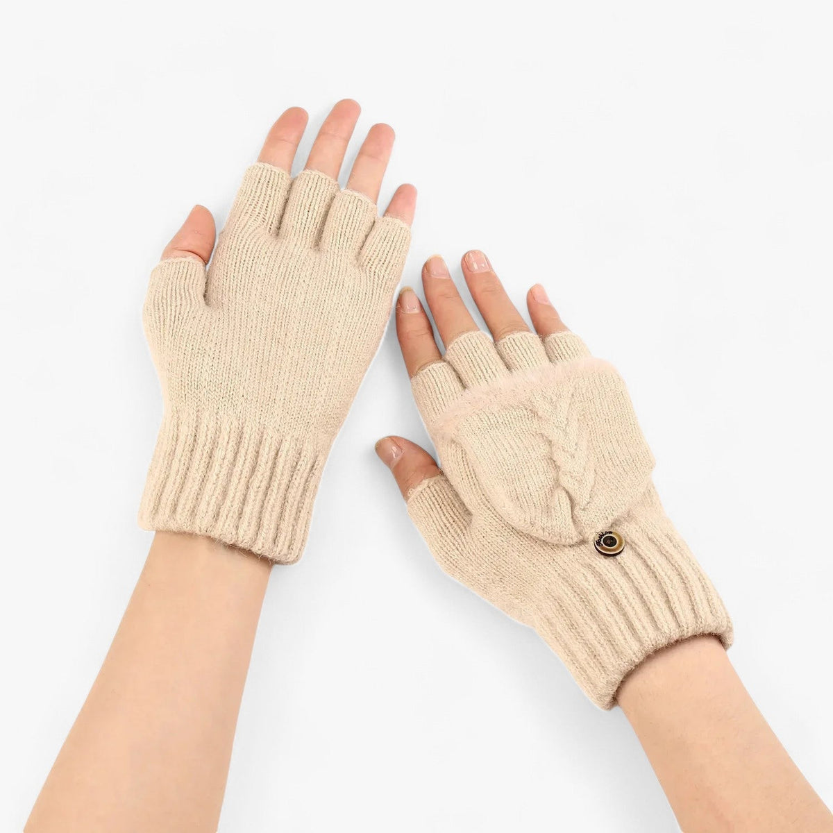 Damen Strickhandschuhe mit Klappe – Fingerlose Handschuhe und Fäustlinge in einem, Herbst Winter