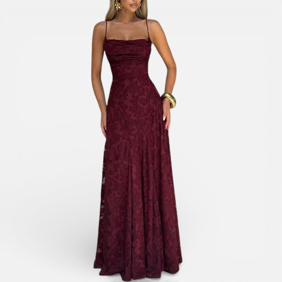 Damen Abendkleid lang aus Spitze mit Spaghettiträgern