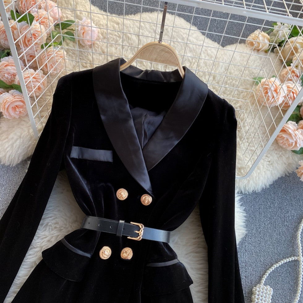 Damen Samt Blazerkleid mit Revers und Gürtel
