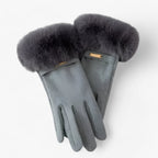 Damen Handschuhe in Wildlederoptik mit großem Fellbündchen – Touchscreen-Winterhandschuhe, Herbst Winter