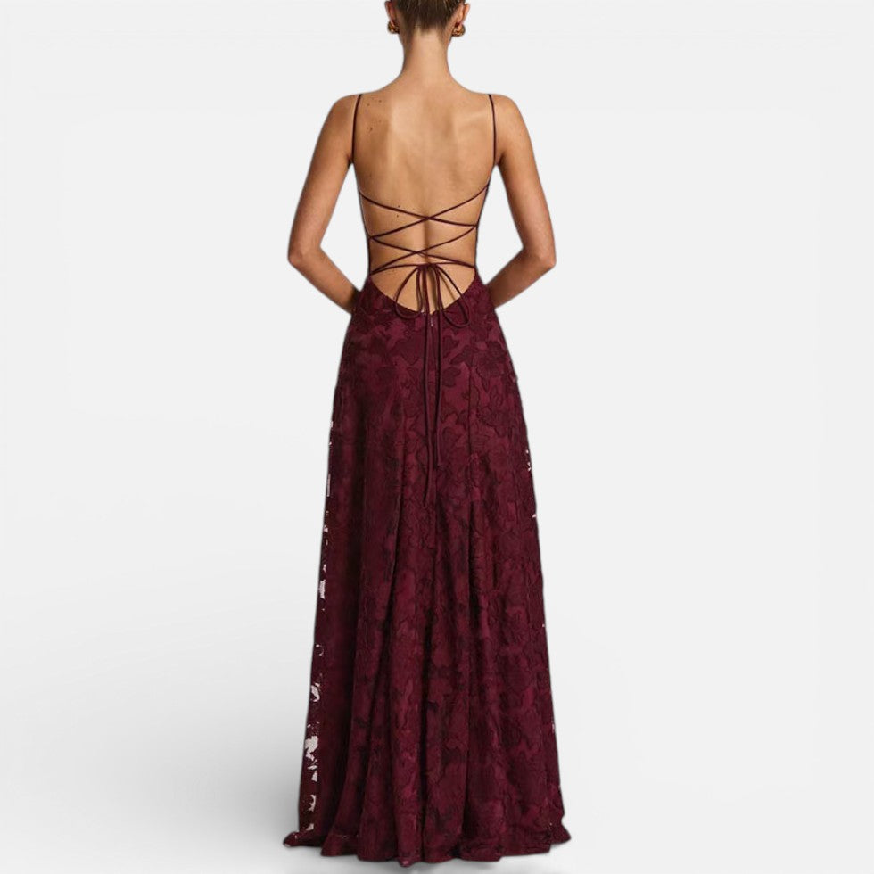 Damen Abendkleid lang aus Spitze mit Spaghettiträgern