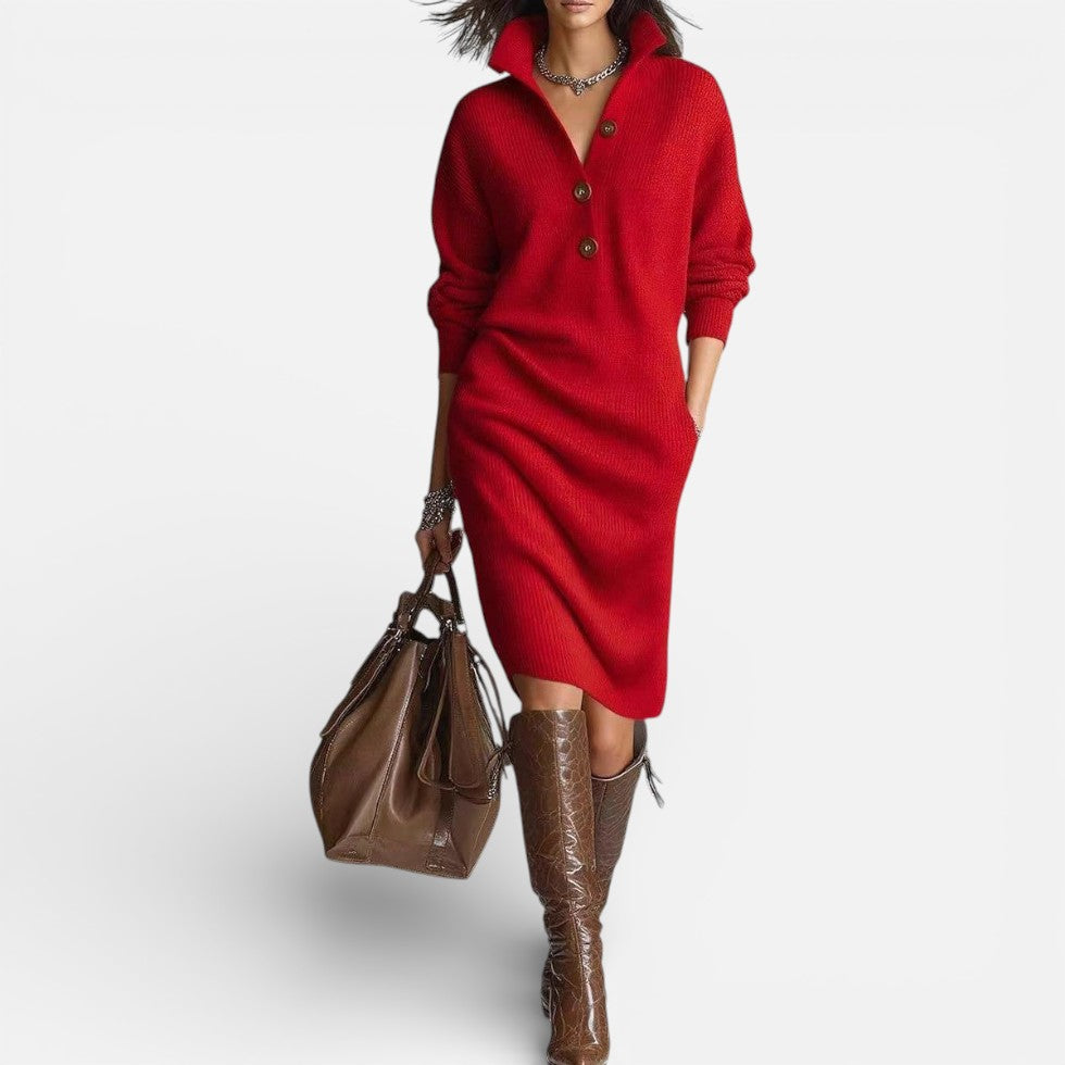 Damen Strick Midikleid mit Knopfleiste und Stehkragen