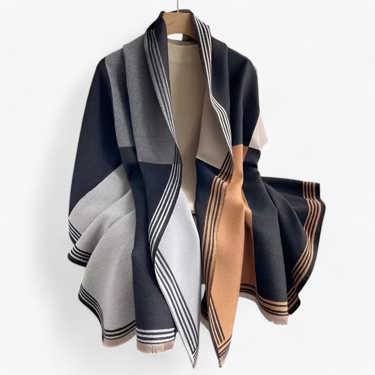 Damen Oversized Schal mit Colour-Block-Muster – Großer Wollschal und Schultertuch, Herbst Winter