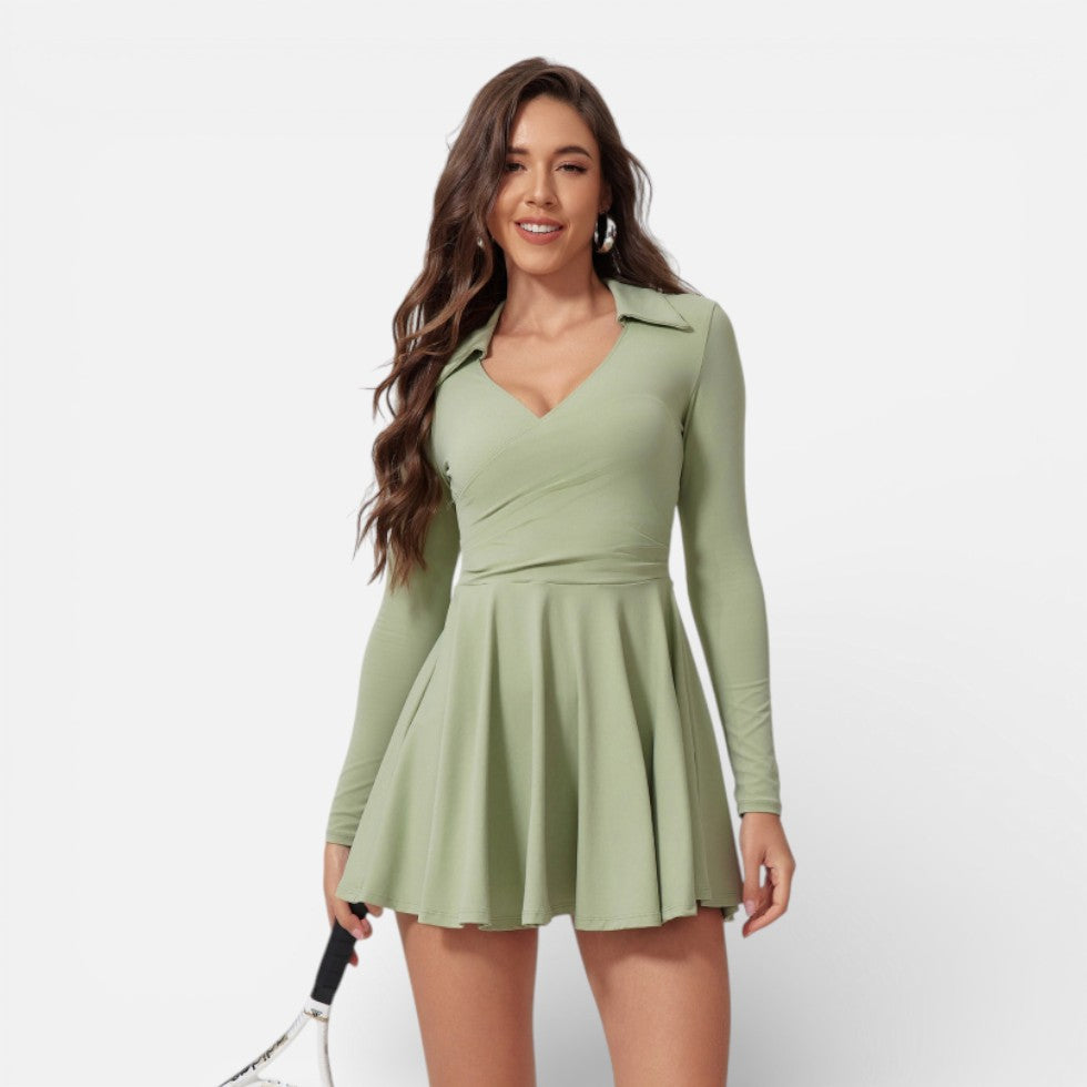 Damen Langarm Sportkleid mit Kragen und ausgestelltem Rock