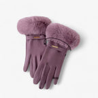 Damen Handschuhe in Wildlederoptik mit großem Fellbündchen – Touchscreen-Winterhandschuhe, Herbst Winter