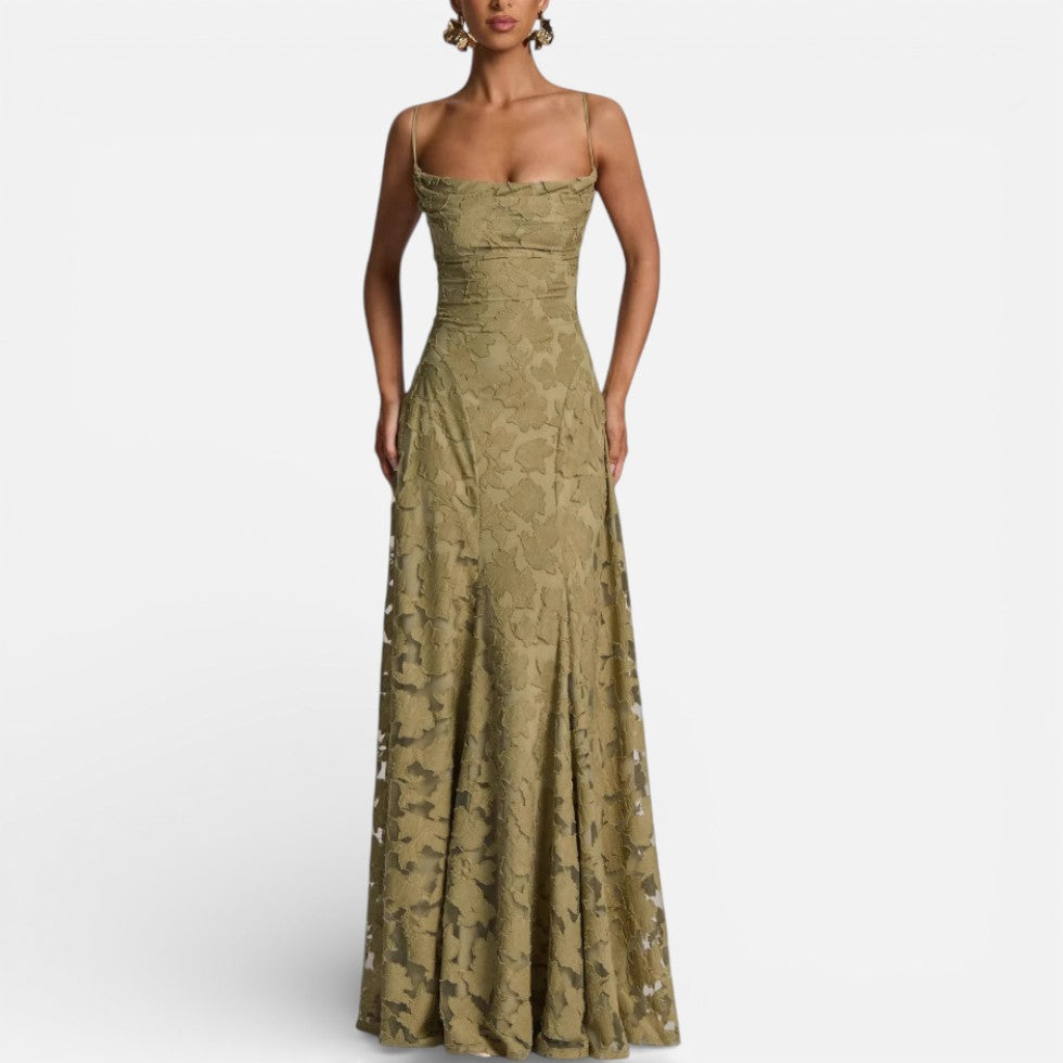 Damen Abendkleid lang aus Spitze mit Spaghettiträgern