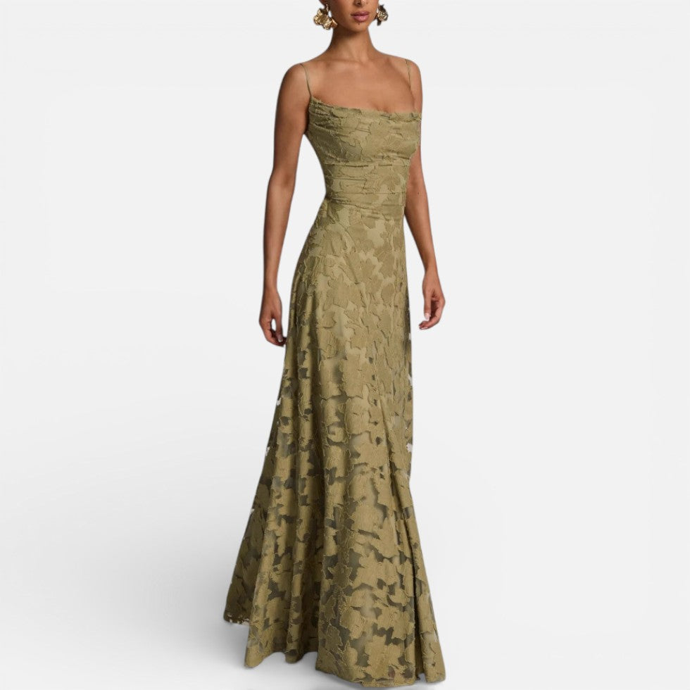 Damen Abendkleid lang aus Spitze mit Spaghettiträgern