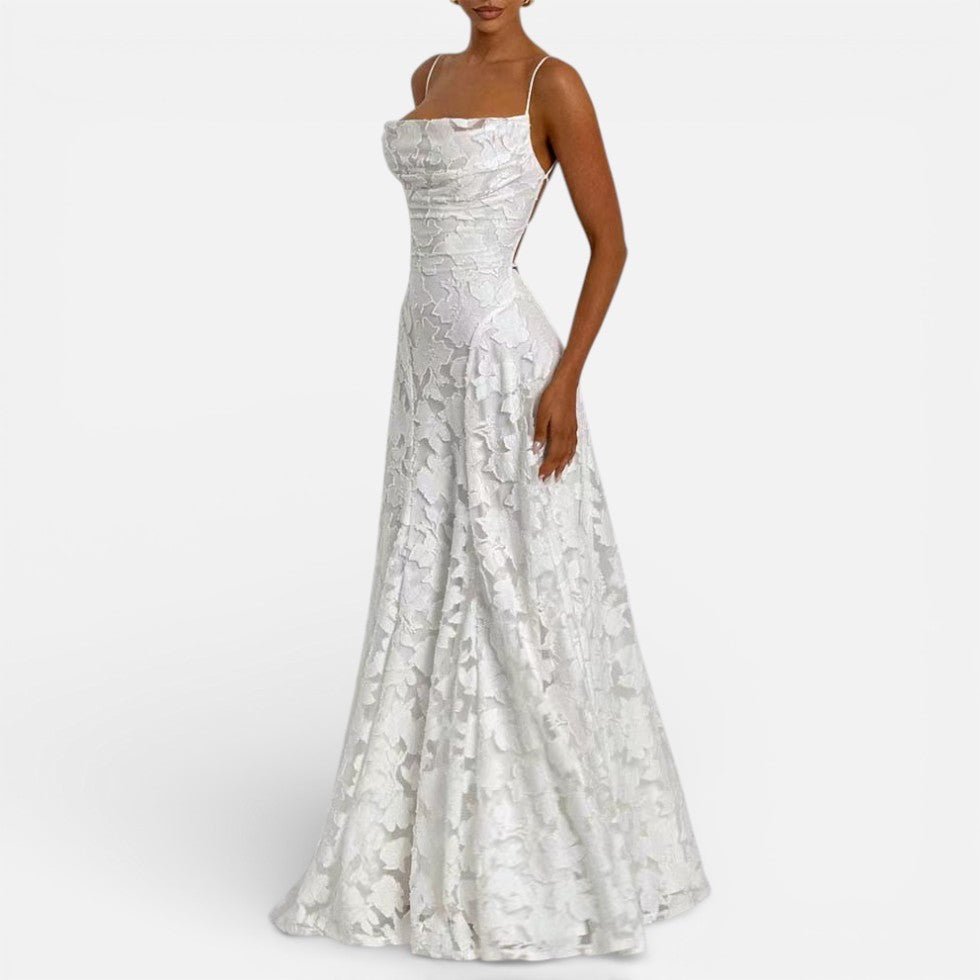 Damen Abendkleid lang aus Spitze mit Spaghettiträgern