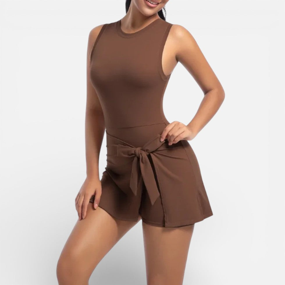 Women's sports dress with integrated shorts and tie waist