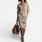 Damen Strick Midikleid mit Knopfleiste und Stehkragen