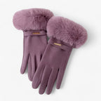 Damen Handschuhe in Wildlederoptik mit großem Fellbündchen – Touchscreen-Winterhandschuhe, Herbst Winter