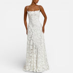 Damen Abendkleid lang aus Spitze mit Spaghettiträgern