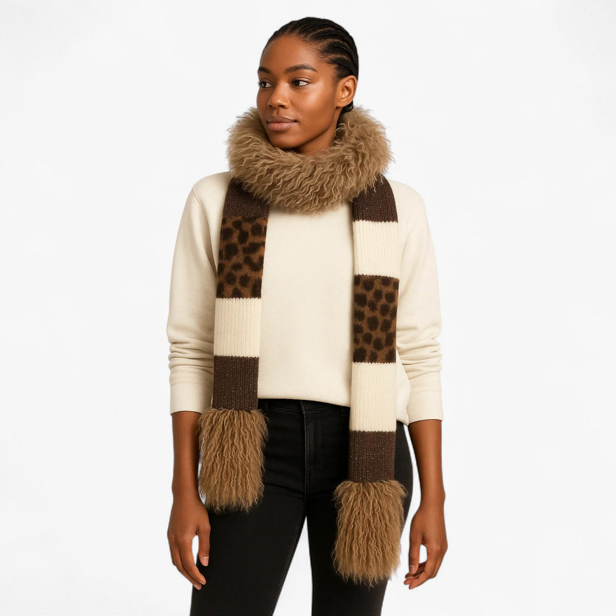 Damen Strickschal mit Leopardenmuster und Fellbommeln – Langer Winterschal, Herbst Winter