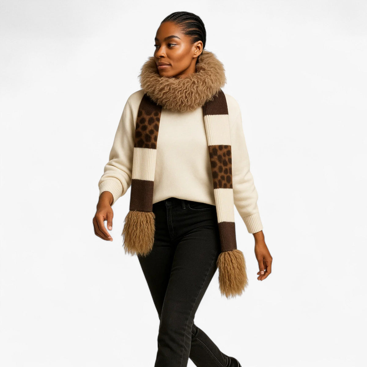Damen Strickschal mit Leopardenmuster und Fellbommeln – Langer Winterschal, Herbst Winter