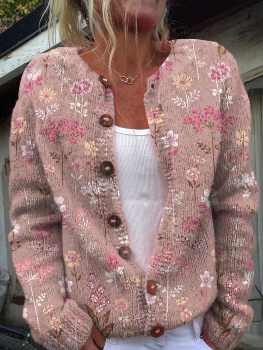 Damen Strickcardigan mit Blumenmuster und langen Ärmeln
