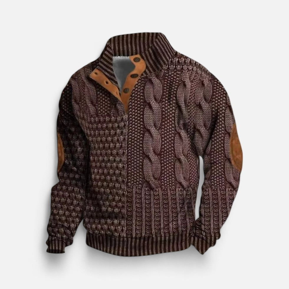 Knitted sweater with stand-up collar and button placket for men