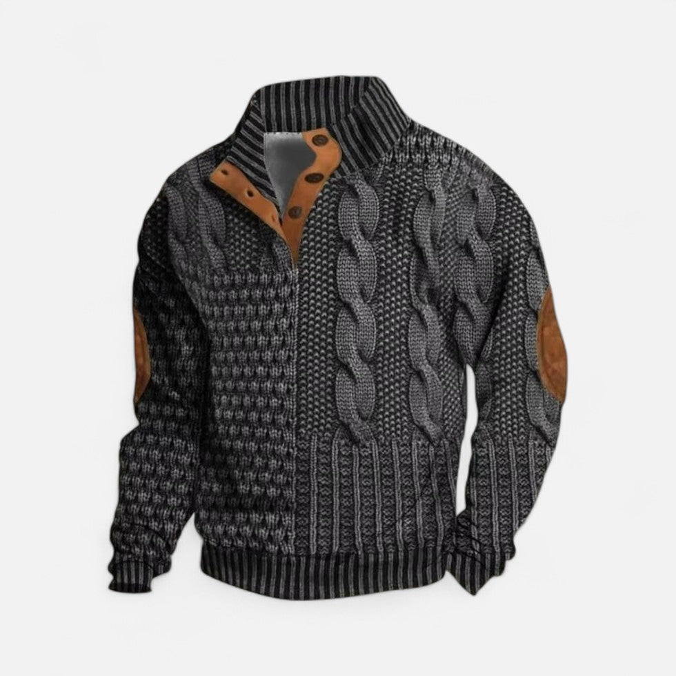 Knitted sweater with stand-up collar and button placket for men