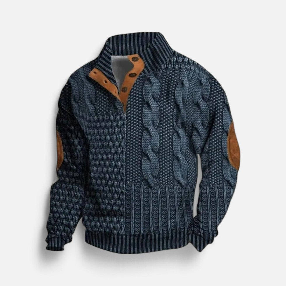 Knitted sweater with stand-up collar and button placket for men