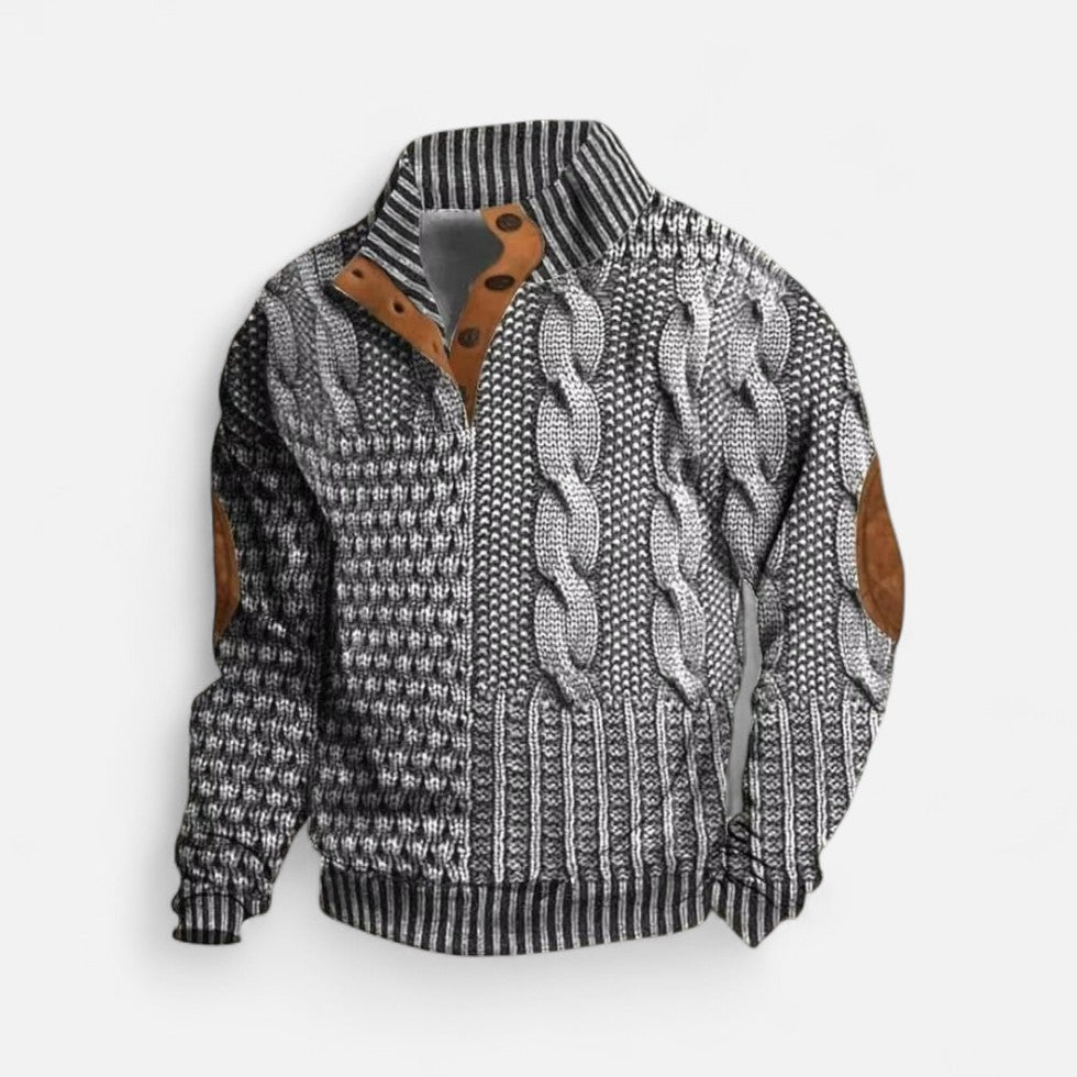 Knitted sweater with stand-up collar and button placket for men