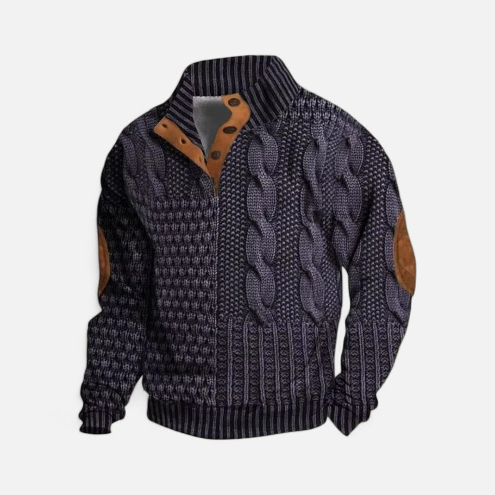 Knitted sweater with stand-up collar and button placket for men