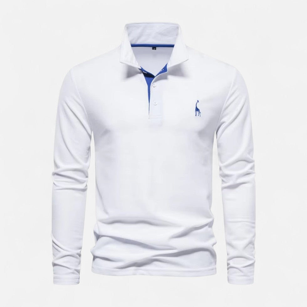 Long-sleeve polo shirt with contrast collar and button placket