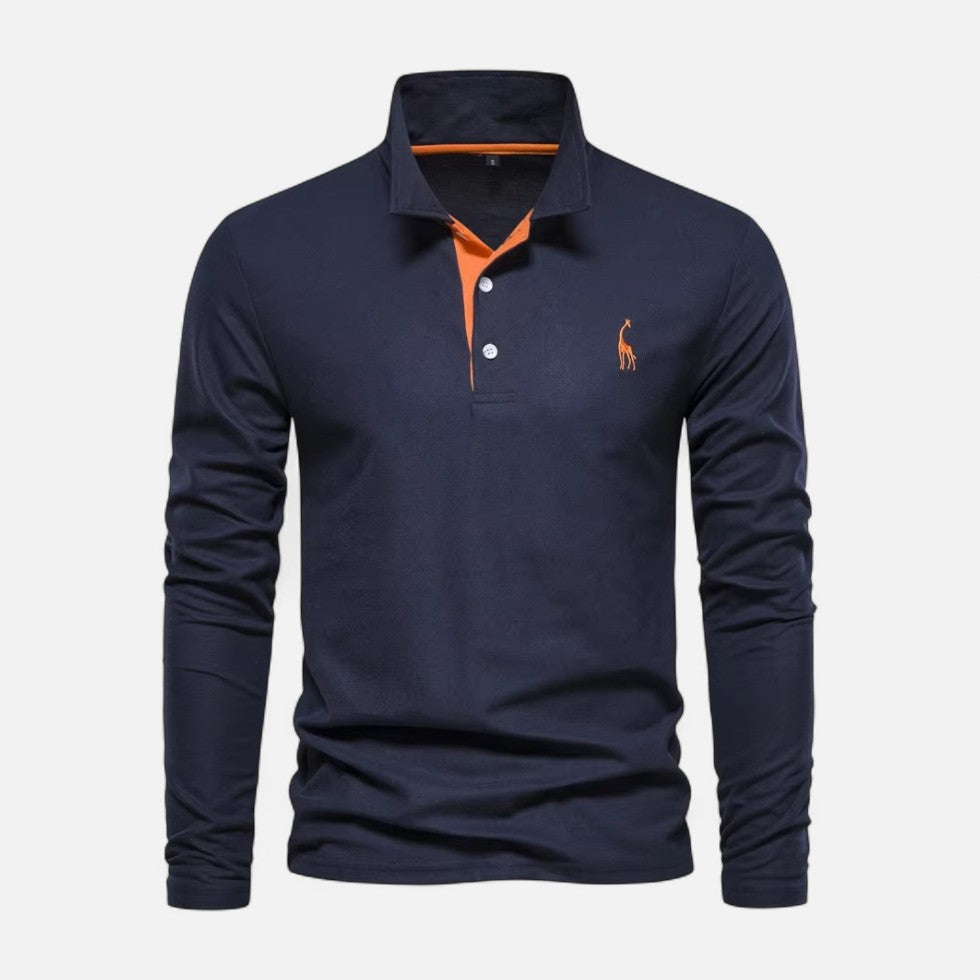 Long-sleeve polo shirt with contrast collar and button placket