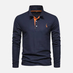Long-sleeve polo shirt with contrast collar and button placket